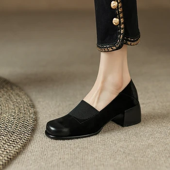 2023 Bahar Kadın Loafer'lar Koyun süet ayakkabı Kadınlar için Kare Ayak Tıknaz Topuk Ayakkabı Slip-On Kadın Pompaları Özlü El Yapımı Ayakkabı