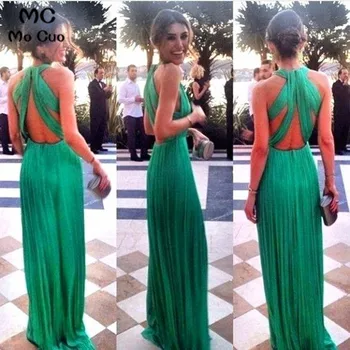 Abendkleider 2021 Yeşil Abiye Uzun Dökümlü Kat Uzunluk Şifon Backless balo kıyafetleri Örgün Akşam Parti Elbise