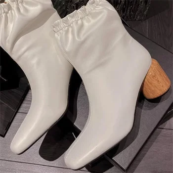 Ahşap Yuvarlak Topuklu Ayakkabı Kadınlar için Kare Ayak Sıkı Kadın Çizmeler Deri Chassure Femme Pilili Tacons Dikiş Hatları Zapatos