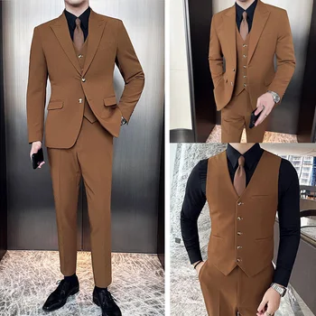 ( Blazer + Yelek + Pantolon ) zarif Erkek Takım Elbise High End Slim Fit Damat Düğün 3 Parça Set Klasik Balo Ziyafet Erkek Elbise Takım Elbise