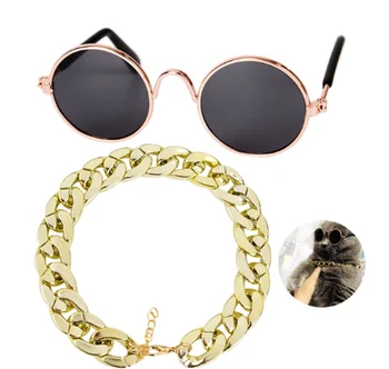 Güzel Pet Güneş Gözlüğü takı seti Moda Metal Kedi Güneş Gözlüğü Pet Gözlük Kolye Ve Şapka İle Pet Giyim Aksesuarları