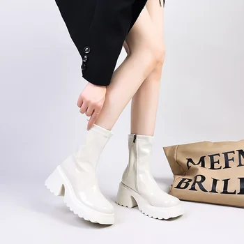 Kadın Tıknaz Platformu Diz Yüksek Çizmeler 2023 Sonbahar Kış Patent Deri Kalın Yüksek Topuklu serseri ayakkabı Kadın Kısa yarım çizmeler