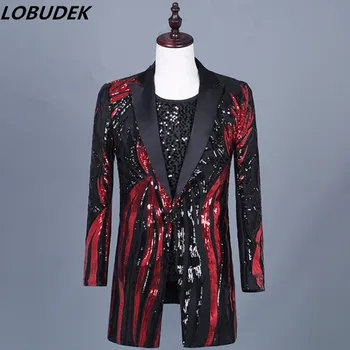 Kişilik Kırmızı Siyah Sequins Uzun Blazers erkek İnce Ceket Gelgit Erkek Şarkıcı Gece Kulübü Vokal Konser Kostüm Takım Elbise Ceket Palto