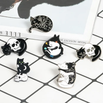 Koyu Kedi Pimleri Cadı kediler Siyah kedi kafatası Broş Punk Kitty Hayvan Broş koleksiyonu Kadın Erkek Kedi Takı Yaka Pin