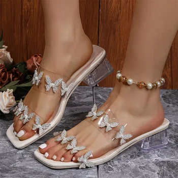 Kristal Boncuk Kadın Terlik yüksek topuklu ayakkabı Tıknaz Flip Flop Yaz 2024 Burnu açık Sandalet Lüks Nefes Pompaları Slaytlar Femme