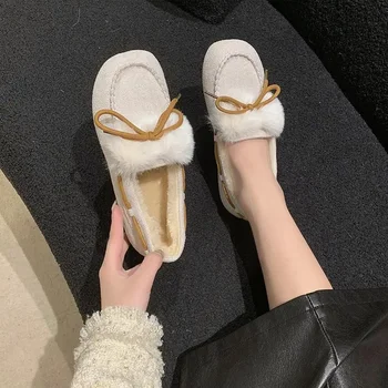 Kış Ayakkabı kadın Rahat daireler moda Rahat Yumuşak Loafer'lar Sıcak Peluş Yaylar Dekore Moda tek ayakkabı hafif ağız