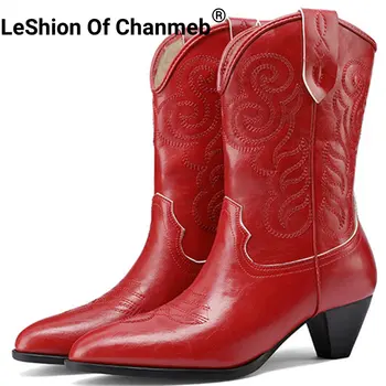 LeShıon Of Chanmeb Etnik Nakış Batı Çizmeler Cowgirl Ayakkabı Beyaz Kırmızı Kalın Başak Topuklu Slip-on kovboy çizmeleri Kadın Ayakkabı 43