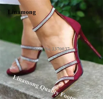 Linamong Bling Bling Rhinestone Sapanlar Stiletto topuklu sandalet Süet Deri Geri Fermuar-up Kristal yüksek topuklu sandalet Elbise topuklu