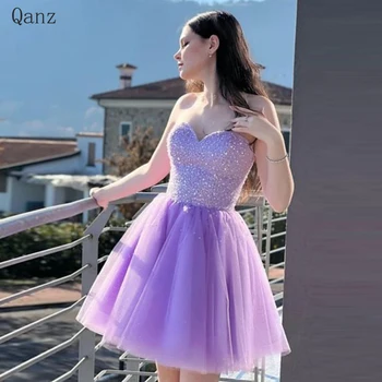 Qanz Tül Kısa Mezuniyet Elbiseleri Kızlar Sevgiliye Glitter Boncuklu Sequins Kokteyl Elbise Yaz Örgün Törenlerinde Vestidos De Festa