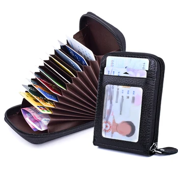 RFID Hakiki deri kart kılıfı Kadın Erkek Akordeon Kredi kart tutucu Kılıf 14 Kart Yuvaları Moda Yastık Cüzdan Fermuarlı çanta