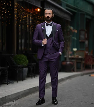 Ropa Hombre Mor erkek Takım Elbise Düğün için 3 ADET Blazer Yelek Pantolon Slim Fit İş Elbisesi Resmi Parti Ofis erkek Seti