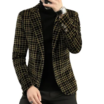 Sonbahar Kış Vintage Ekose Blazer Ceket 2024 Yeni Erkek Kadife Slim Fit Takım Elbise Ceket Tek Düğme Rahat İş Sosyal Blazers