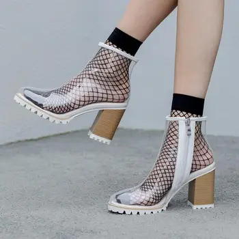 Yeni Gelenler Şeffaf PVC Çorap yarım çizmeler Yuvarlak Ayak Yan Fermuar Kare Topuk Yüksek Platform Kalın Taban Botları Özelleştirilmiş yağmur çizmeleri