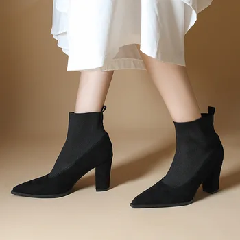 Yeni Sonbahar ve Kış Çorap ve kısa çizmeler Çok Yönlü Yüksek Topuk kısa çizmeler Elastik İnce Çizmeler Gösterisi İnce bayan Botları