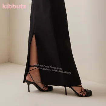 Çapraz Strappy Sandalet Hakiki Deri Yuvarlak Ayak Ince Topuk Katı Siyah Dantel-Up Seksi Moda Zarif Kadın Süper yüksek ayakkabı Yeni
